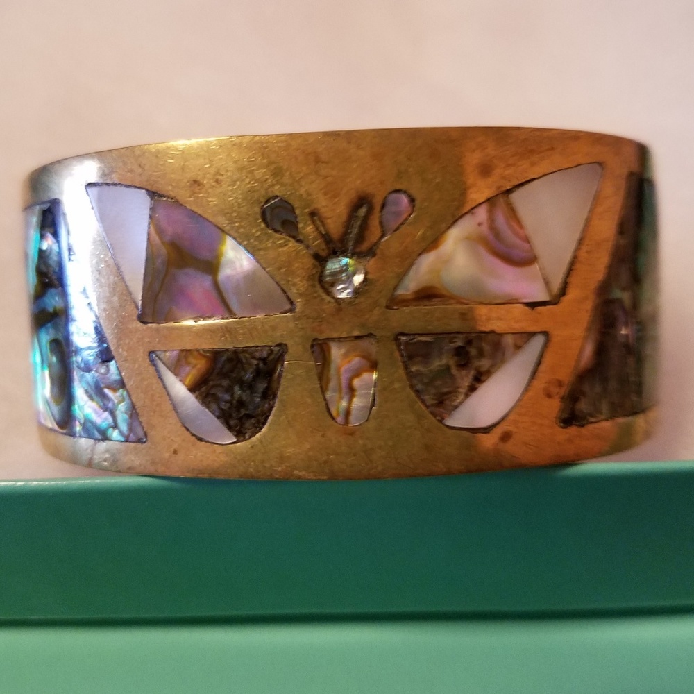 Vintage Signed Inlaid Abalone & MOP Cuff Bracelet